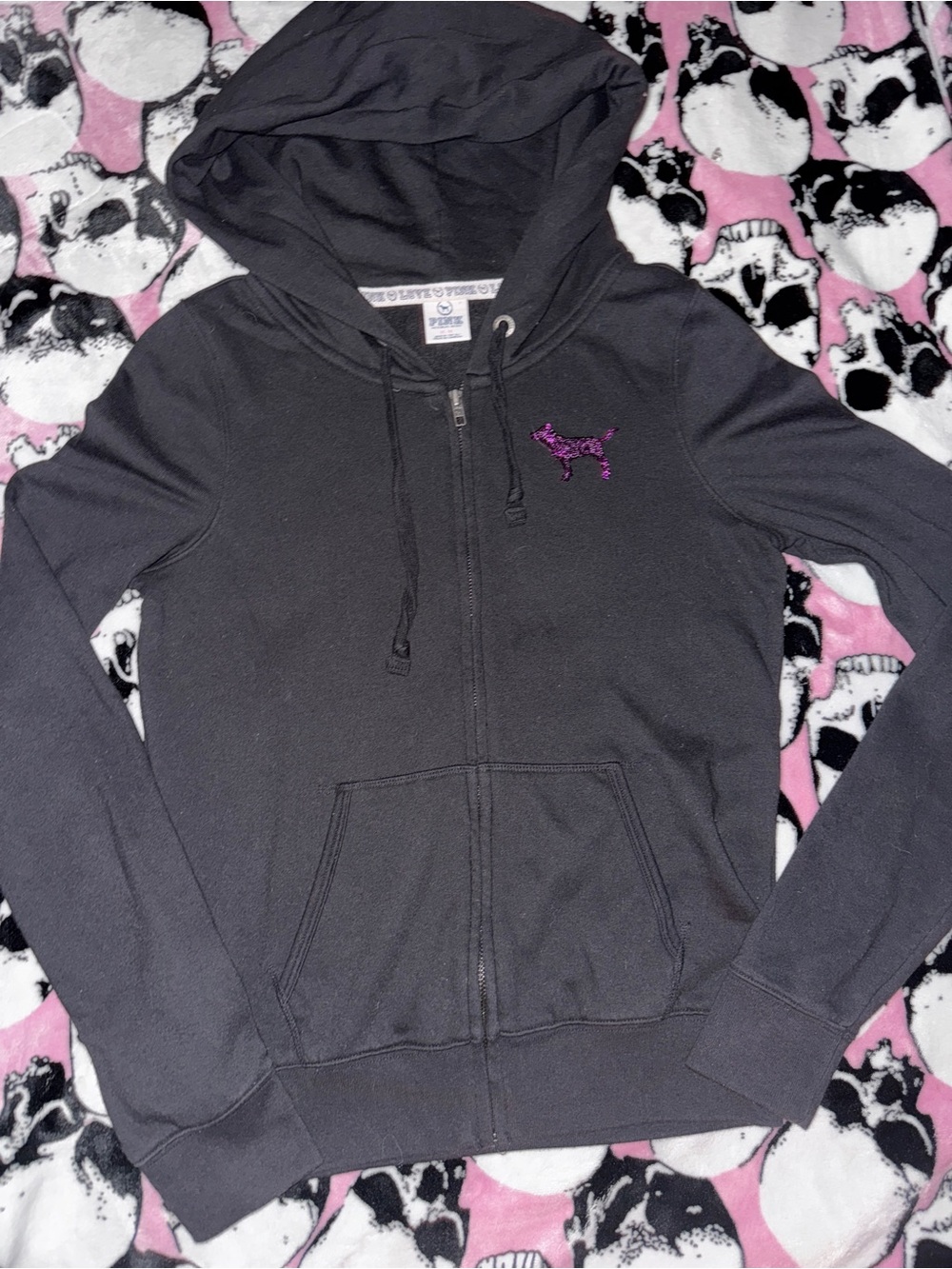 Victoria's Secret Black Zip Hoodie with Purple Dog Logo